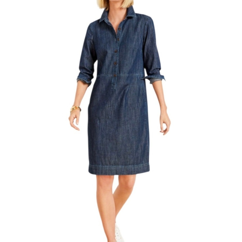 Talbots Womens Blue Cotton Denim Shirtdress Size 16 Long Sleeve Western Boho c